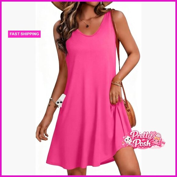 Dresses & Skirts - Sleeveless V-Neck Swing Sundress with Pockets Casual Summer Beach Dress